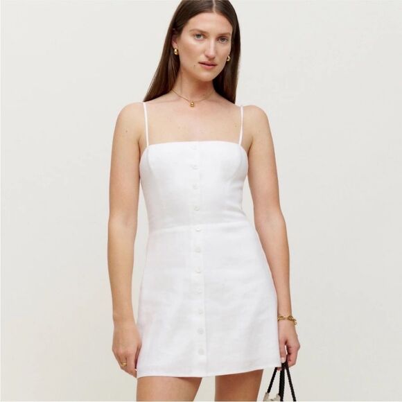 REFORMATION Huckleberry Linen Button Front Mini Dress in White - Picture 7 of 14